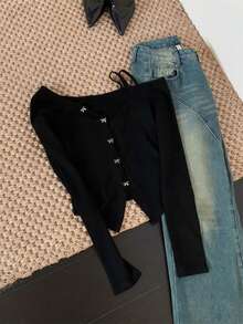 Elegant Black Bow Strap Sexy Open Shoulder Long Sleeve Top For Women, Suitable For Dates, Outings, And Commuting, Christmas, Autumn/Winter - Black - View 9