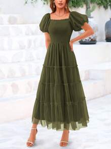 Women's  Summer Pleated Mid-Length Tulle Dress Puffy Short Sleeve Square Collar Ruffled Wedding Guest Graduation Party Dress - xanh quân đội - Xem 3
