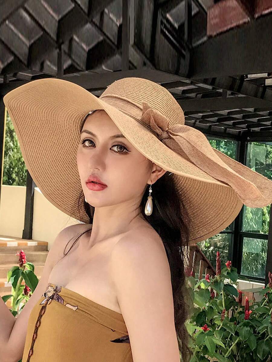 Women's Summer Sunscreen Hat, Beach Straw Hat, Korean Style Student Versatile Summer Ladies Fashionable Large Brim Sun Hat, Stylish Personalized Casual Bohemian Retro Street Elegant Polyester Bowknot Windproof UV Protection Cap, Spring/Summer - Hat - View 1
