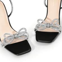 Women Double Bowknots High Heeled Sandal Open Square Toe Ankle Strap Rhinestone Decor Dress Shoes For Wedding Prom Festival Party - màu đen - Xem 4