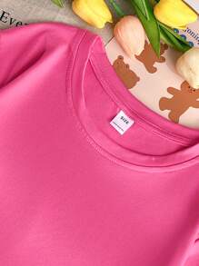 Girls' Cartoon Rabbit Print Round Neck Short Sleeve T-Shirt, Casual Tee For Spring & Summer - Hot Pink - View 3