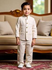 BOARNSEORL 2 件套年轻男童西装外套和裤子，时尚优雅的服装，适合外出、度假、生日派对、周年庆典 - 杏色 - 查看 6