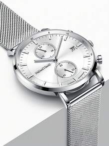 GUANQIN 1 pieza Reloj luminoso impermeable con cronógrafo, calendario, esfera, resistente al desgaste, correa de malla de acero inoxidable milanesa, moda negocios, lujoso, deportivo, clásico, sencillo, casual, estilo mecánico, hombres, automático, de cuarzo, adecuado para el Día de San Valentín, festivales, citas, negocios, regalos