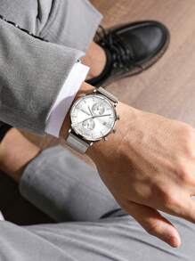GUANQIN 1 pieza Reloj luminoso impermeable con cronógrafo, calendario, esfera, resistente al desgaste, correa de malla de acero inoxidable milanesa, moda negocios, lujoso, deportivo, clásico, sencillo, casual, estilo mecánico, hombres, automático, de cuarzo, adecuado para el Día de San Valentín, festivales, citas, negocios, regalos