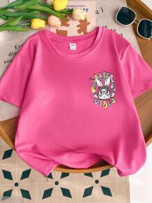Tween Girl's Cartoon Rabbit Print Round Neck Short Sleeve Tee Spring And Summer Casual T Shirt For Tween Girl - Hot Pink - View 2