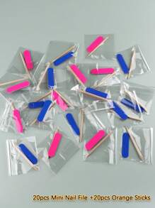迷你指甲锉和橙木棒套装，适用于美甲贴片，20/50支迷你指甲锉套装，双面一次性指甲锉，木质角质层推棒，美甲修脚清洁工具