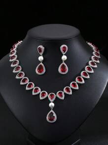 1 Set Of 3pcs Luxury Elegant Cubic Zirconia Necklace & Earrings Set, Bridal Wedding Party Dress Faux Pearl Jewelry Gift, Teardrop Decor For Women's Festive Wear