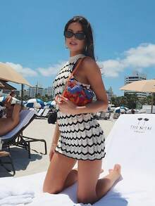 春夏新款圆领条纹无袖针织毛衣女式背心裙，度假风格