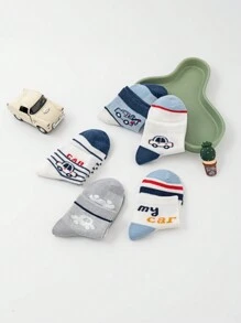 5 双卡通汽车图案儿童袜子，男童和女童网眼中筒袜，春夏