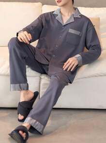 2pcs/Set Men Sleepwear Set, Long Sleeve Collared V-Neck Pocket Color Block Ice Silk Pajama Top And Classic Solid Color Comfortable Long Pants, Casual Fashionable Pajama Set For Men - Grey - View 1