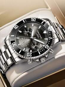 GUANQIN 1 szt. Wodoodporny zegarek świecący z tarczą chronografu i kalendarzem Pasek ze stali nierdzewnej odporny na zużycie Moda Biznes Luksus Sportowy Klasyczny Prosty Swobodny Mechaniczny Styl Męski Automatyczny Zegarek Kwarcowy Odpowiedni Na Walentynki, Festiwale, Randki, Biznes, Prezenty