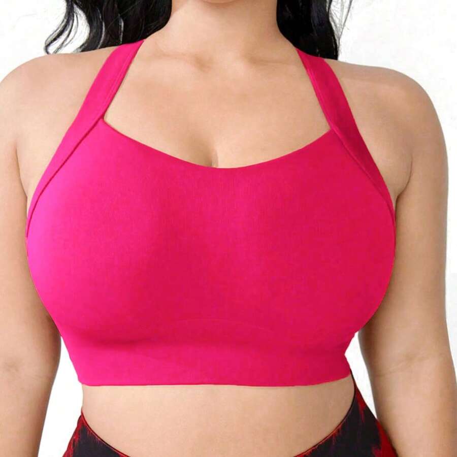 Seamless High-Elasticity And High-Support Plus-Size Sports Bra,Women Plus-Size Underwear Detachable Chest Pad With Cross-Strap Design,Women's Plus-Size Fitness Solid Color Simple Yoga Bra,Women Soft And Comfortable Plus-Size Sports Tops - Hồng - Xem 1