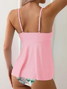 Plus Size Women's Tropical Plant Print Tankini Swimwear Two Pieces Set, Vacation - Pink - View 2