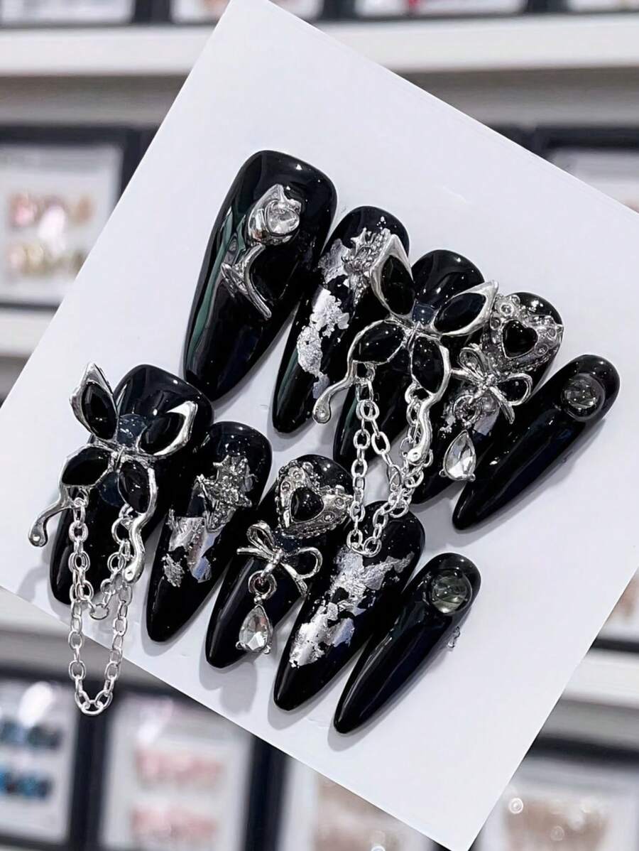 10pcs Long Almond Shape Press On Nails, Halloween Nail Supplies,Black Goth Fake Nail With Butterfly Rhinestone Decor, Black Nails,Glitter Full Cover Nails For Women,Gift A Set Of Nail Kit
