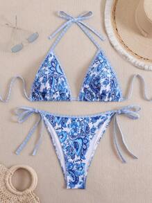 Swim Summer Beach Women's Printed Plus Size Strap Bikini Carnival Set - Blue - View 1