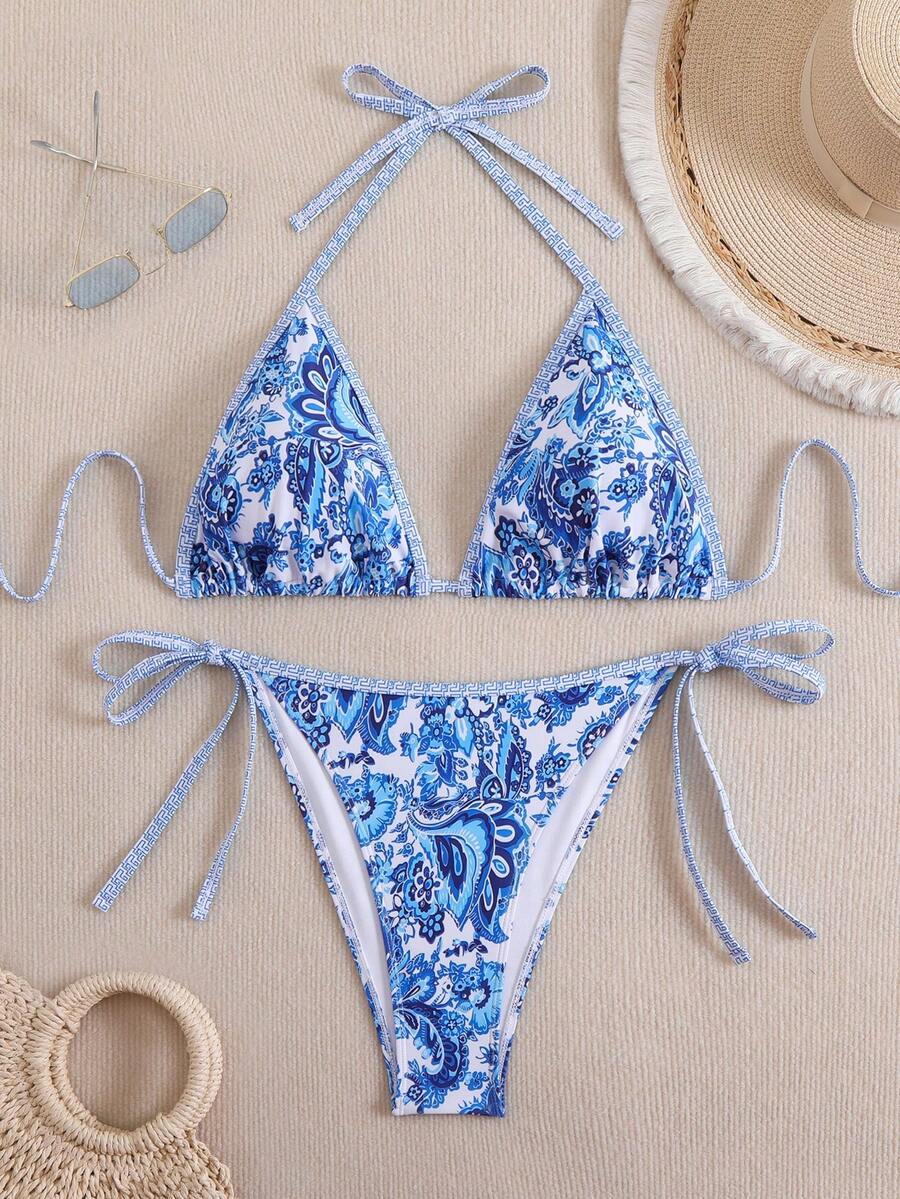 Swim Summer Beach Women's Printed Plus Size Strap Bikini Carnival Set - Blue - View 1