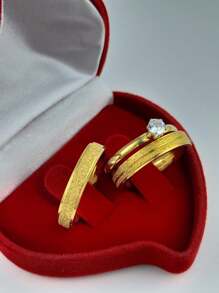 Par De Alianças Dourada Reta Fosca Feminina Com Friso + Anel Masculina Sem Detalhes Casamento Noivado - Dourado - Visão 4