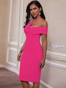 Abito midi aderente da donna elegante con un spalla scoperta, vestito fasciante sexy e alla moda, vestito cocktail fucsia per uscite serali e feste, abbigliamento estivo - Fucsia - Visualizzare 4