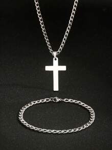2 件套不锈钢复古男女款十字链吊坠项链和手链套装 - 銀色 - 查看 1