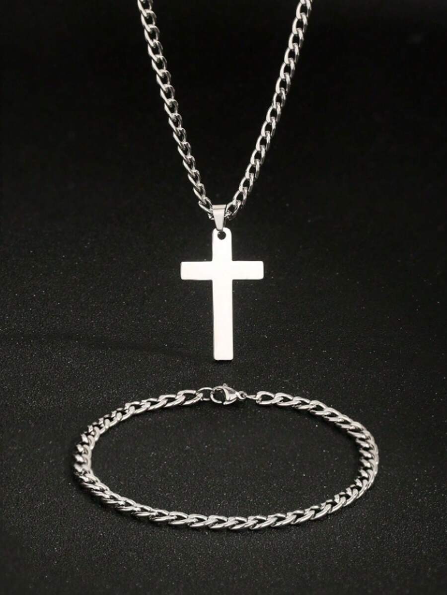 2 件套不锈钢复古男女款十字链吊坠项链和手链套装 - 銀色 - 查看 1