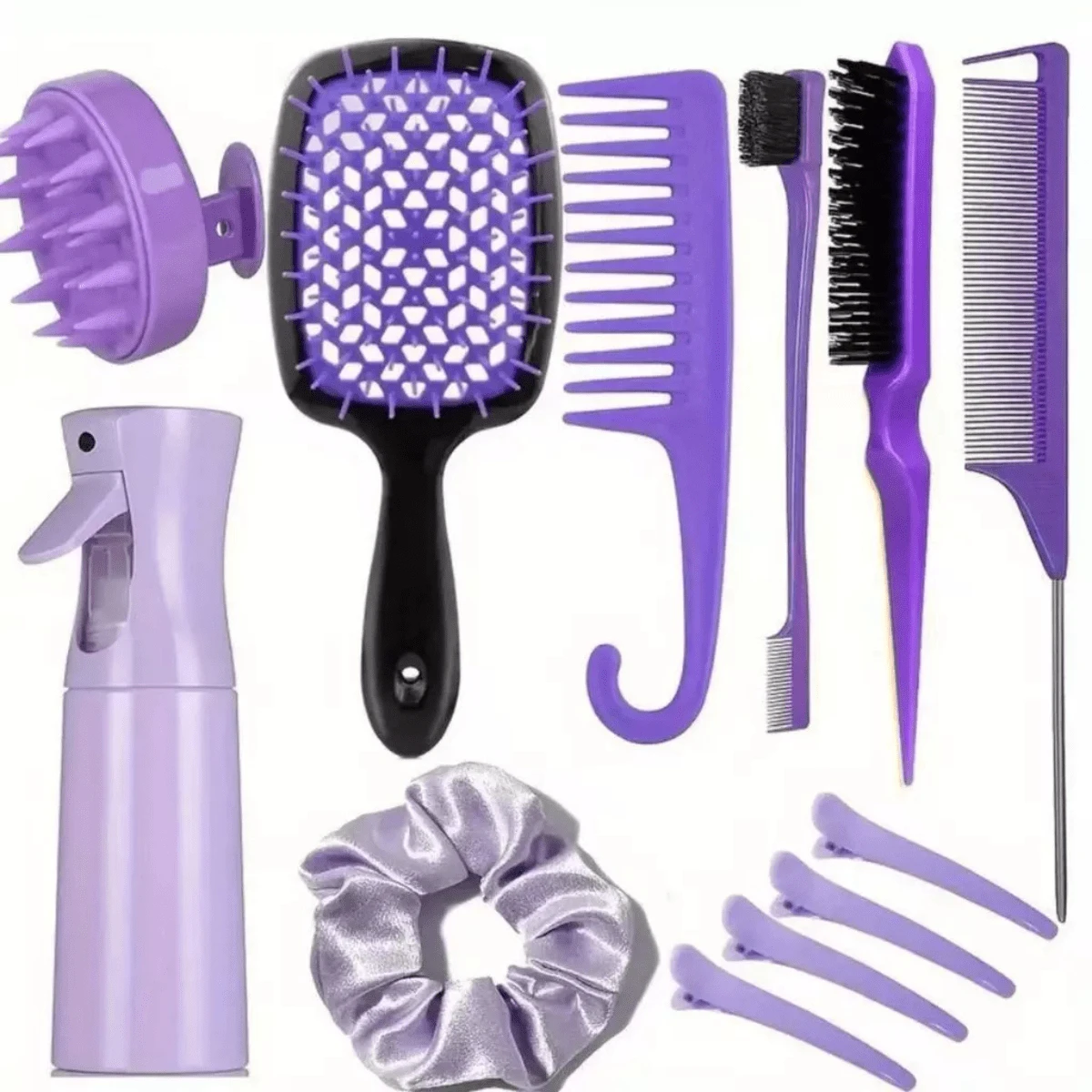 12pcs Curly Hair Brush Curly Ponytail Comb Set Salon Tools - 紫色 - 查看 1