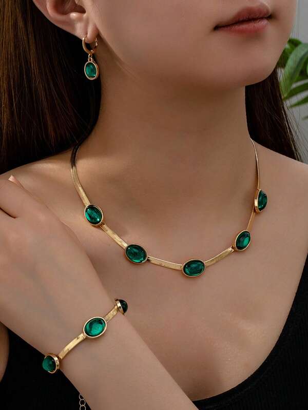 4pcs/Set Vintage Bohemian Style Jewelry Set With Green Gem Inlaid Necklace, Bracelet And Earrings, Fashion & Elegant Gift For Party, Banquet And Daily Wear