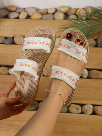 女士时尚平底亚麻绳凉鞋，波西米亚复古风格中东欧时尚沙滩鞋