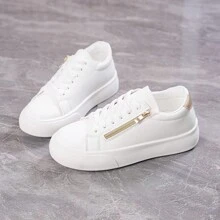 Damskie płaskie sznurowane zapinane na suwak ozdobne buty casualowe, skóra PU, białe trampki
