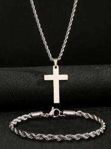 2 件套不锈钢复古男女款十字链吊坠项链和手链套装 - 銀色 - 查看 13