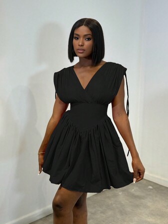 Rochie mini sexy cu decolteu în V adânc de culoare uni pentru femei, nou sosire