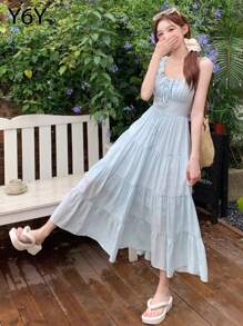 [Y6Y] Women's Elegant Backless Tie Strap Dress | Pair With Cardigan For Autumn, Waist-Cinching Soft Flowing Dress