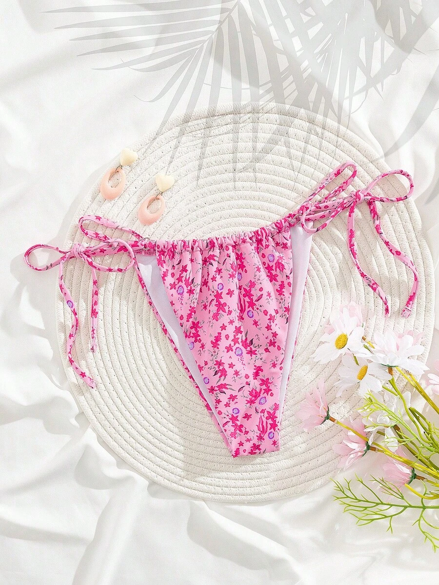 Novo biquíni estampado de cintura alta com cadarço elegante para festa, moda praia verão, roupa de banho feminina, rosa vermelha - Rosa Avermelhado - Ver 1