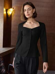 女式纯色单排扣西装外套，办公室装和商务休闲老款风格 - 黑色 - 查看 5