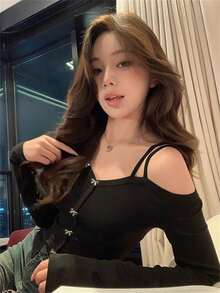 Elegant Black Bow Strap Sexy Open Shoulder Long Sleeve Top For Women, Suitable For Dates, Outings, And Commuting, Christmas, Autumn/Winter - Black - View 6