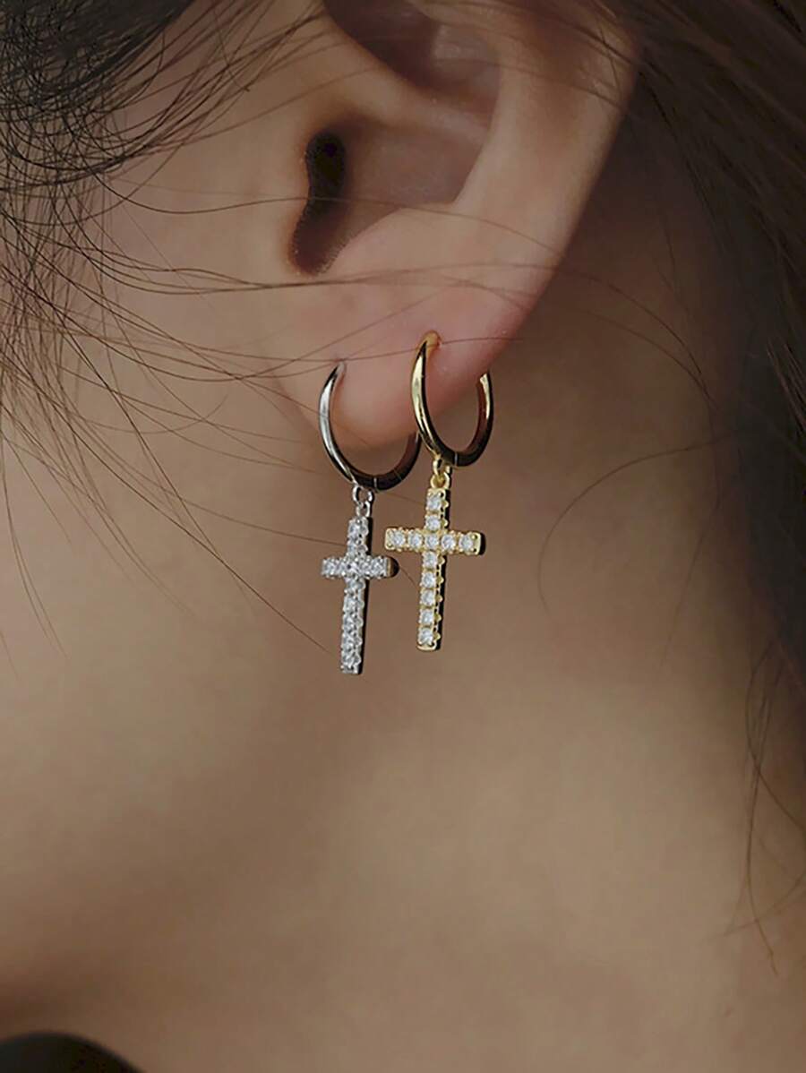 1 对时尚精致简约银色和金黄色方晶锆石太阳和北极星吊坠耳环，礼物