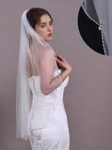 Velo de novia con colgante de flor de cristal, borde ondulado de tul suave con cuentas de longitud hasta la punta de los dedos para decoración de boda, fiesta y ropa de otoño para mujeres