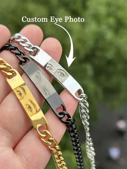 1 pieza de pulsera personalizada con foto, pulsera de cadena de acero inoxidable con foto de ojo grabada con láser, pulsera de pareja con foto personalizada grabada, pulsera de acero inoxidable con imagen de ojo de estilo de moda, pulsera de acero inoxidable con foto grabada, regalo de pareja, regalo del Día de San Valentín, regalo del Día de la Madre, regalo del Día del Padre, regalo conmemorativo para el novio, elegante otoño, chic utilitario, romance delicado, look glamoroso, vestido de romance encantado