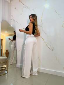 Women's Tailored Palazzo Pants With One Button And Open Zipper - 白色新 - 查看 2
