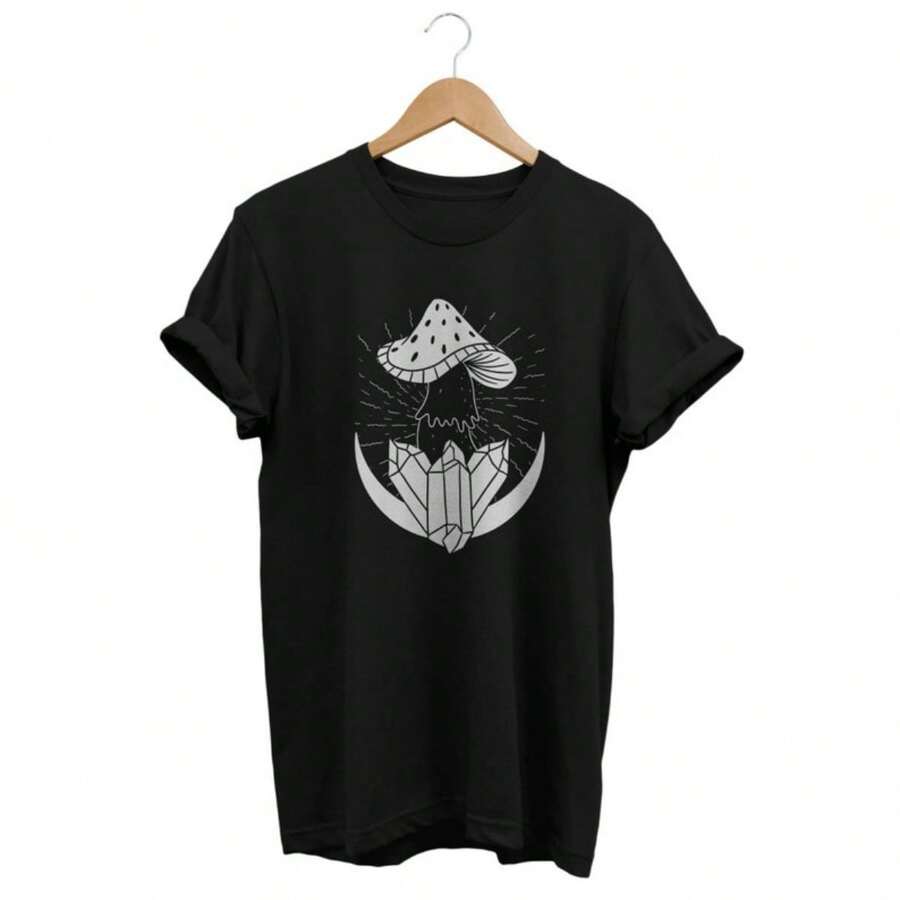 Crystals Mushroom Crescent Moon T-Shirt, Esoteric Clothing For Witchy Clothes Lovers, Dark Cottagecore Fashion, Mycologist Gifts - Black - View 1