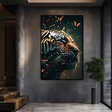 Tiger With Dynamic Autumn Leaves Around Him Large Wooden Framed Wall Painting Artist Home Decoration Oil Painting - Bedroom, Bathroom, Living Room, Office, Kitchen, Christmas Gifts - 1 Piece - Multicolor - View 2