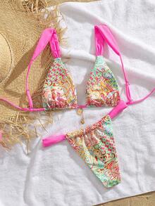 PEPPERMOLLY New Soft Tie-Front Adjustable Strap Printed Elegant Party Bikini Set, Women Fashion Beach Swimwear For Summer - Hot Pink - View 2