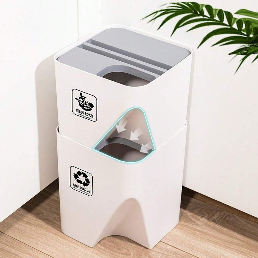 1 pezzo Pattumiera impilabile con coperchio, per cucina, bagno, camera da letto, ufficio, bidone per riciclo - separazione di rifiuti secchi e umidi, in plastica, scatola per riciclaggio, per uso domestico - Bianco - Visualizzare 1