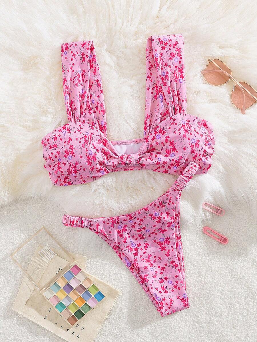 PEPPERMOLLY 全新柔软面料碎花厚肩带优雅性感派对比基尼套装，时尚女士夏季沙滩泳装，玫红色