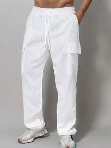 Men's Solid Color Drawstring Waist Casual Cargo Pants - White - View 1