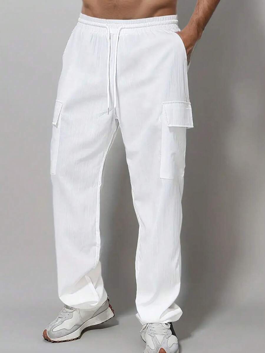 Men's Solid Color Drawstring Waist Casual Cargo Pants - White - View 1