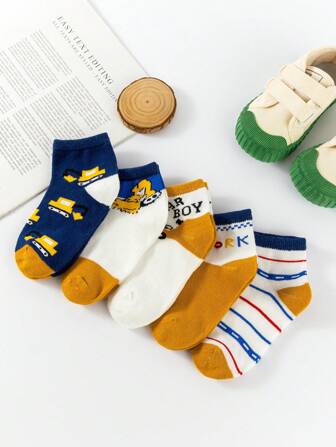 5 双儿童袜子，可爱幼儿宝宝短袜，柔软运动地板袜，黄蓝条纹花卉图案，男童，春/秋四季，中筒袜