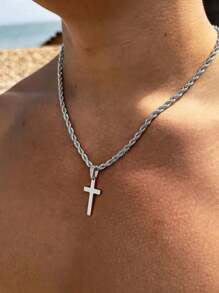 2 件套不锈钢复古男女款十字链吊坠项链和手链套装 - 銀色 - 查看 8