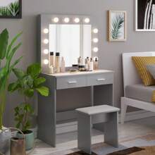 White Dressing Table Set With LED Lights Mirror, Vanity Makeup Table 2 Large Drawers And Stool - Light Grey - View 7