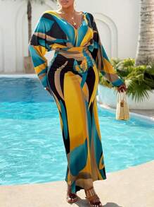 BIUBIU Vestido de manga de murciélago plisado con cintura de unicolor para mujer de talla grande, ropa para exteriores con estampado geométrico