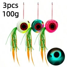Juego de 3 señuelos de pesca tipo kabura 60g/80g/100g/150g/200g con brillo, para pesca de arrastre lenta, cebo para pesca en barco y mar con faldas de goma y ganchos asistentes, señuelos deslizantes